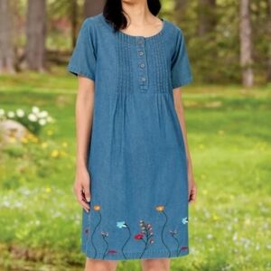 The Vermont Country Store Embroidered Denim Pintuck Dress